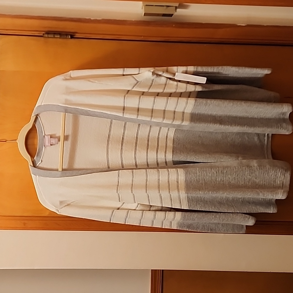 Chico's Size 3 Gray and White Placed Stripe Cardigan Sweater